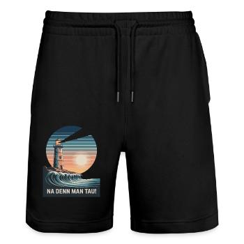 Na Denn Man Tau - Leuchtturm Und Welle Im - Stanley/Stella Unisex Bio Joggingshorts Trainer  - Schwarz - Vorne - Nik (191cm) & Marisol (170cm)