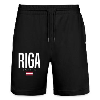 Riga, Latvia - Stanley/Stella Trainer Unisex Organic Jogging Shorts - black - Front - Nik (191cm) & Marisol (170cm)