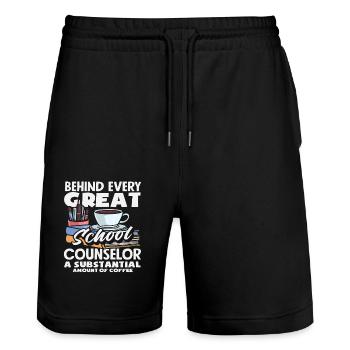 Behind every great school counselor, a lot of coffee - Stanley/Stella Trainer Unisex Organic Jogging Shorts - black - Front - Nik (191cm) & Marisol (170cm)