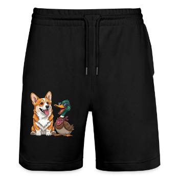 Corgi and duck - Stanley/Stella Trainer Unisex Organic Jogging Shorts - black - Front - Nik (191cm) & Marisol (170cm)