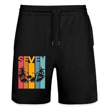 7th Birthday Dinosaur - Stanley/Stella Trainer Unisex Organic Jogging Shorts - black - Front - Nik (191cm) & Marisol (170cm)