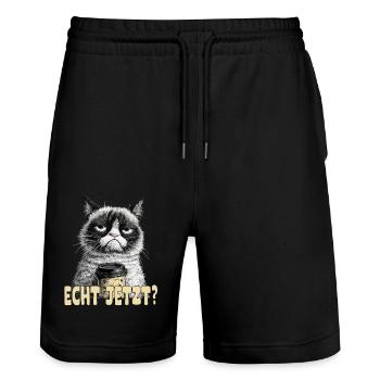 Lustige Katze mit Kaffee und Spruch; Echt jetzt? - Stanley/Stella Unisex Bio Joggingshorts Trainer  - Schwarz - Vorne - Nik (191cm) & Marisol (170cm)