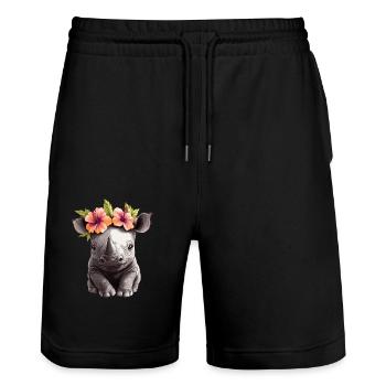 Baby rhinoceros with flowers - Stanley/Stella Trainer Unisex Organic Jogging Shorts - black - Front - Nik (191cm) & Marisol (170cm)