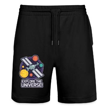 SPACE STATION, ERKUNDE DAS UNIVERSUM - Stanley/Stella Unisex Bio Joggingshorts Trainer  - Schwarz - Vorne - Nik (191cm) & Marisol (170cm)