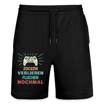 Zocken Gamer Gaming Zocker Controller Videospiele - Stanley/Stella Unisex Bio Joggingshorts Trainer  - Schwarz - Vorne - Nik (191cm) & Marisol (170cm)