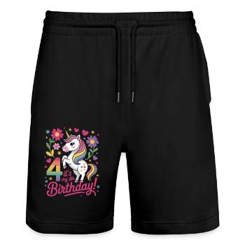 Unique Unicorn It's My 4th Birthday Motif - Stanley/Stella Trainer Unisex Organic Jogging Shorts - black - Front - Nik (191cm) & Marisol (170cm)