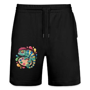 Artist chameleon with palette for creative minds - Stanley/Stella Trainer Unisex Organic Jogging Shorts - black - Front - Nik (191cm) & Marisol (170cm)
