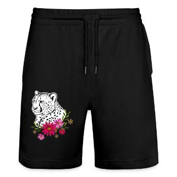 Cheetah With Flowers - Stanley/Stella Trainer Unisex Organic Jogging Shorts - black - Front - Nik (191cm) & Marisol (170cm)