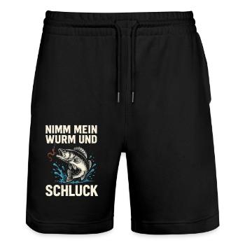 Nimm mein Wurm – Freches Angelmotiv - Stanley/Stella Unisex Bio Joggingshorts Trainer  - Schwarz - Vorne - Nik (191cm) & Marisol (170cm)