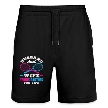 Husband And Wife Tennis Partner For Life - Stanley/Stella Trainer Unisex Organic Jogging Shorts - black - Front - Nik (191cm) & Marisol (170cm)