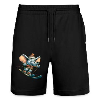 Cute elephant as skier in cartoon style - Stanley/Stella Trainer Unisex Organic Jogging Shorts - black - Front - Nik (191cm) & Marisol (170cm)