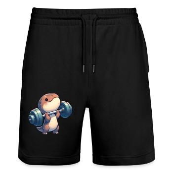 Chibi Dino T-Rex Workout mit Hanteln - Stanley/Stella Unisex Bio Joggingshorts Trainer  - Schwarz - Vorne - Nik (191cm) & Marisol (170cm)