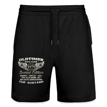 44th Birthday Man Oldtimer August Year 1979 - Stanley/Stella Trainer Unisex Organic Jogging Shorts - black - Front - Nik (191cm) & Marisol (170cm)