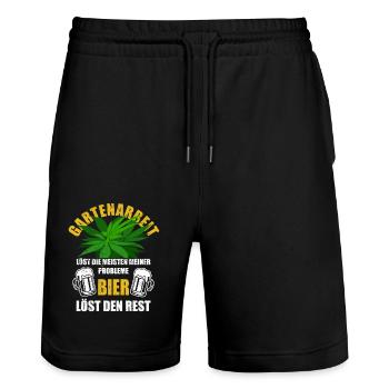 Hanf - Gartenarbeit löst Probleme - Bier Spruch - Stanley/Stella Unisex Bio Joggingshorts Trainer  - Schwarz - Vorne - Nik (191cm) & Marisol (170cm)