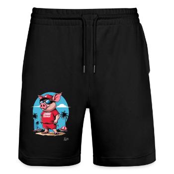Strand, Palmen, Boote und Schwein macht Urlaub - Stanley/Stella Unisex Bio Joggingshorts Trainer  - Schwarz - Vorne - Nik (191cm) & Marisol (170cm)