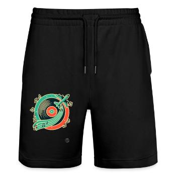 Retro Musik & Reise Design "Platte & Flugzeug" - Stanley/Stella Unisex Bio Joggingshorts Trainer  - Schwarz - Vorne - Nik (191cm) & Marisol (170cm)