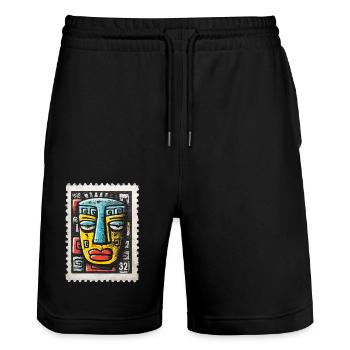 Bunte Maske im Tribal-Stil auf Briefmarke - Stanley/Stella Unisex Bio Joggingshorts Trainer  - Schwarz - Vorne - Nik (191cm) & Marisol (170cm)