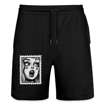 Femme de bande dessinée en état de choc – Timbre-poste Pop Art - Short de jogging bio TRAINER Stanley/Stella unisexe - noir - Devant - Nik (191cm) & Marisol (170cm)