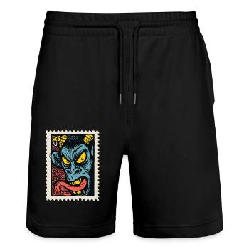 Dämon-Affe mit langer Zunge, eine Comic Briefmarke - Stanley/Stella Unisex Bio Joggingshorts Trainer  - Schwarz - Vorne - Nik (191cm) & Marisol (170cm)
