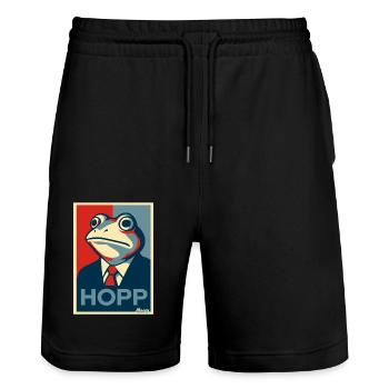 Frosch im Anzug mit Spruch Hopp Parodie - Stanley/Stella Unisex Bio Joggingshorts Trainer  - Schwarz - Vorne - Nik (191cm) & Marisol (170cm)