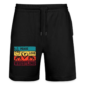 Peace Love Wrestling - Stanley/Stella Trainer Unisex Organic Jogging Shorts - black - Front - Nik (191cm) & Marisol (170cm)