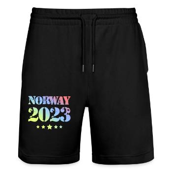 Norway 2023 - Stanley/Stella Trainer Unisex Organic Jogging Shorts - black - Front - Nik (191cm) & Marisol (170cm)