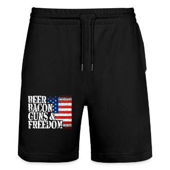 July 4th Beer bacon gun and freedom - Stanley/Stella Trainer Unisex Organic Jogging Shorts - black - Front - Nik (191cm) & Marisol (170cm)