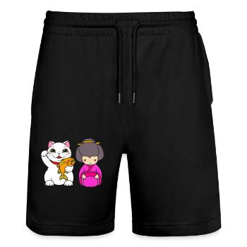 Maneki Neko Japan Glücksbringer - Stanley/Stella Unisex Bio Joggingshorts Trainer  - Schwarz - Vorne - Nik (191cm) & Marisol (170cm)