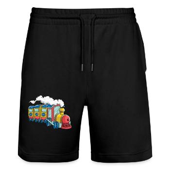 Bunte Dampflok für Kinder - Stanley/Stella Unisex Bio Joggingshorts Trainer  - Schwarz - Vorne - Nik (191cm) & Marisol (170cm)