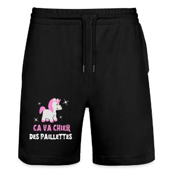 ca va chier des paillettes, licorne, unicorne - Short de jogging bio TRAINER Stanley/Stella unisexe - noir - Devant - Nik (191cm) & Marisol (170cm)