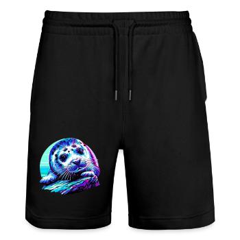 Seal - Stanley/Stella Trainer Unisex Organic Jogging Shorts - black - Front - Nik (191cm) & Marisol (170cm)