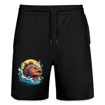 Fishing Illustration - Stanley/Stella Trainer Unisex Organic Jogging Shorts - black - Front - Nik (191cm) & Marisol (170cm)