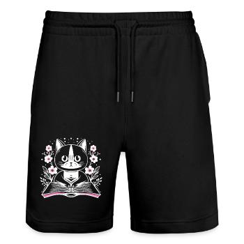 Lesende süße Katze mit Buch und Blumen - Stanley/Stella Unisex Bio Joggingshorts Trainer  - Schwarz - Vorne - Nik (191cm) & Marisol (170cm)