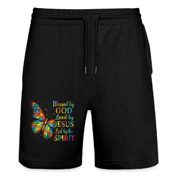 Geliebt von Jesus Christlicher Schmetterling - Stanley/Stella Unisex Bio Joggingshorts Trainer  - Schwarz - Vorne - Nik (191cm) & Marisol (170cm)