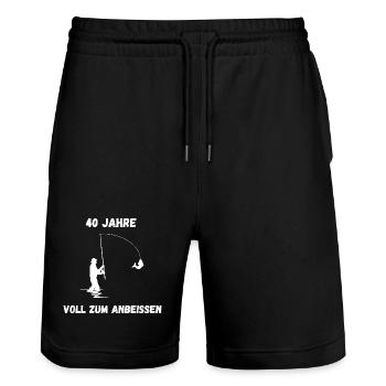 T-shirt Angler 40 ans – Plein à mordre - Short de jogging bio TRAINER Stanley/Stella unisexe - noir - Devant - Nik (191cm) & Marisol (170cm)