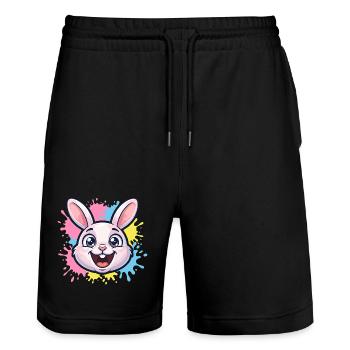 Happy Bunny Illustration with Paint Splashes - Stanley/Stella Trainer Unisex Organic Jogging Shorts - black - Front - Nik (191cm) & Marisol (170cm)