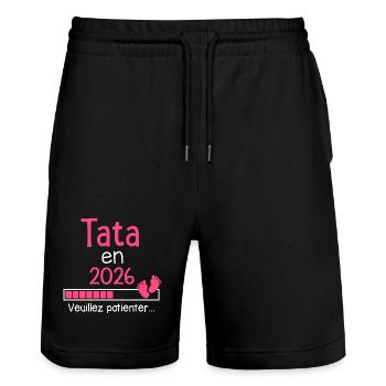 Tata en 2026 cadeau future Tante - Short de jogging bio TRAINER Stanley/Stella unisexe - noir - Devant - Nik (191cm) & Marisol (170cm)
