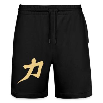 Kraft - En japonais - Caractères KANJI - Short de jogging bio TRAINER Stanley/Stella unisexe - noir - Devant - Nik (191cm) & Marisol (170cm)