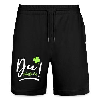 Du schaffst das! Glücksbringer Glück Mutmacher - Stanley/Stella Unisex Bio Joggingshorts Trainer  - Schwarz - Vorne - Nik (191cm) & Marisol (170cm)