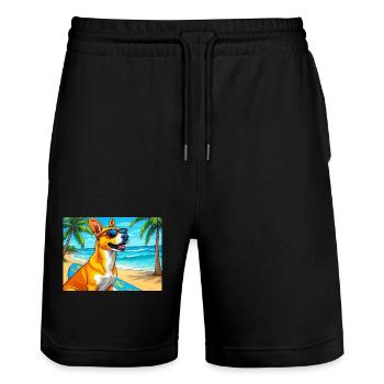 Chien de plage avec planche de surf et lunettes de soleil - Short de jogging bio TRAINER Stanley/Stella unisexe - noir - Devant - Nik (191cm) & Marisol (170cm)