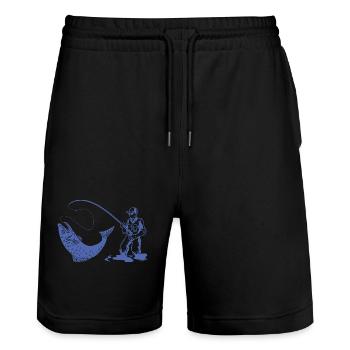 Silhouette de pêcheur avec canne à pêche et truite - Short de jogging bio TRAINER Stanley/Stella unisexe - noir - Devant - Nik (191cm) & Marisol (170cm)
