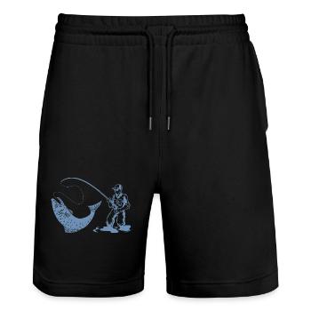 Silhouette de pêcheur avec canne à pêche et truite - Short de jogging bio TRAINER Stanley/Stella unisexe - noir - Devant - Nik (191cm) & Marisol (170cm)