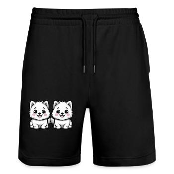 Samoyed Dog Comic - Stanley/Stella Trainer Unisex Organic Jogging Shorts - black - Front - Nik (191cm) & Marisol (170cm)