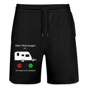 Mein Wohnwagen ruft - ich muss zum campen - Stanley/Stella Unisex Bio Joggingshorts Trainer  - Schwarz - Vorne - Nik (191cm) & Marisol (170cm)