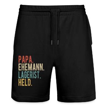 Lagerist Papa Ehemann Held - Stanley/Stella Unisex Bio Joggingshorts Trainer  - Schwarz - Vorne - Nik (191cm) & Marisol (170cm)