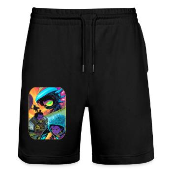Science fiction cartoon with aliens and astronauts - Stanley/Stella Trainer Unisex Organic Jogging Shorts - black - Front - Nik (191cm) & Marisol (170cm)