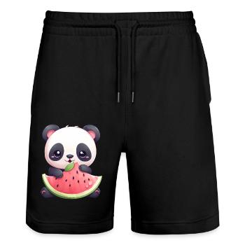 Süßer Panda isst Wassermelone - Stanley/Stella Unisex Bio Joggingshorts Trainer  - Schwarz - Vorne - Nik (191cm) & Marisol (170cm)