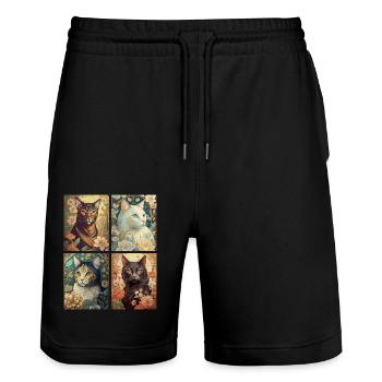 Chats dans le style d'Alphonse Mucha - Short de jogging bio TRAINER Stanley/Stella unisexe - noir - Devant - Nik (191cm) & Marisol (170cm)