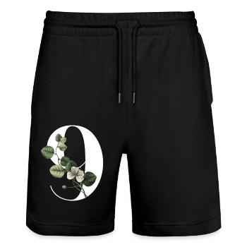 Nummer 9 Blumengrün -9. Blumengeburtstag - Stanley/Stella Unisex Bio Joggingshorts Trainer  - Schwarz - Vorne - Nik (191cm) & Marisol (170cm)