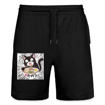 Cat Ramen Noodle Japanese - Stanley/Stella Unisex Bio Joggingshorts Trainer  - Schwarz - Vorne - Nik (191cm) & Marisol (170cm)